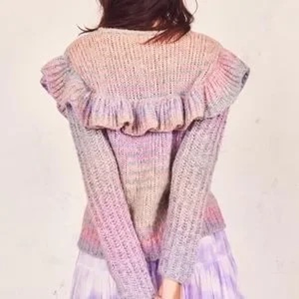 LoveShackFancy Yumi Pastel Rainbow Ruffle Space Dye Knit Sweater Pink Purple - Picture 8 of 13